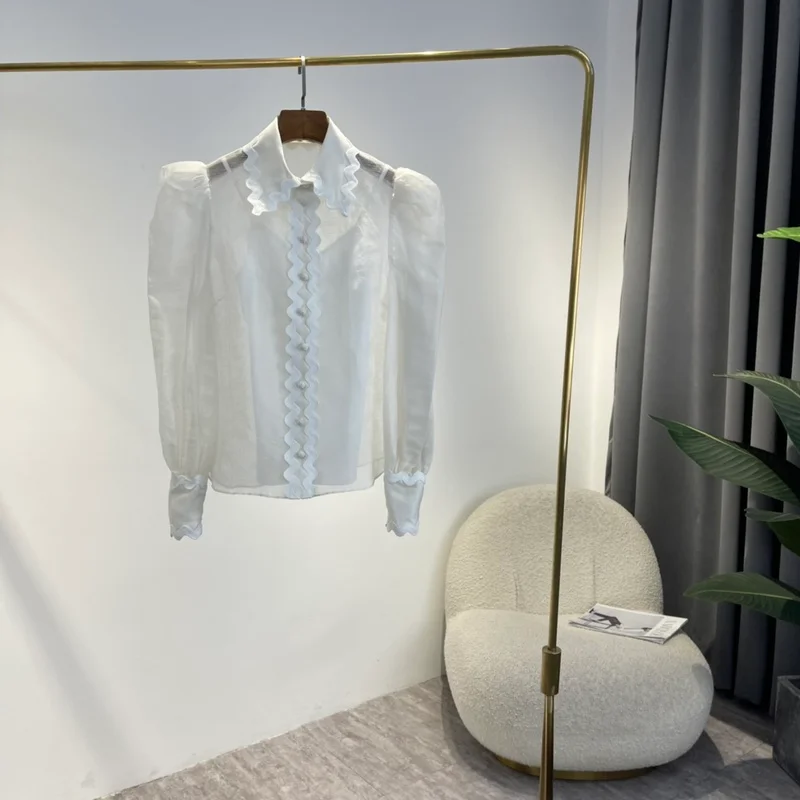 

Unique Design New 2022 Spring Solid White Wave Embroidery Craftsmanship Fashion Women's Simple Blouses with Lining