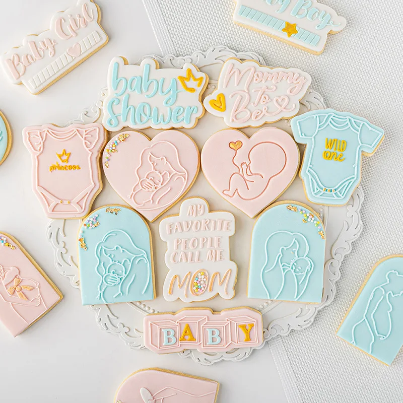 Mommy To Be Baby Shower Acrylic Cookie Cutter Reverse Stamp Embosser Fondant Sugar Craft Mold Pregnant Gift Cake Decoration Tool