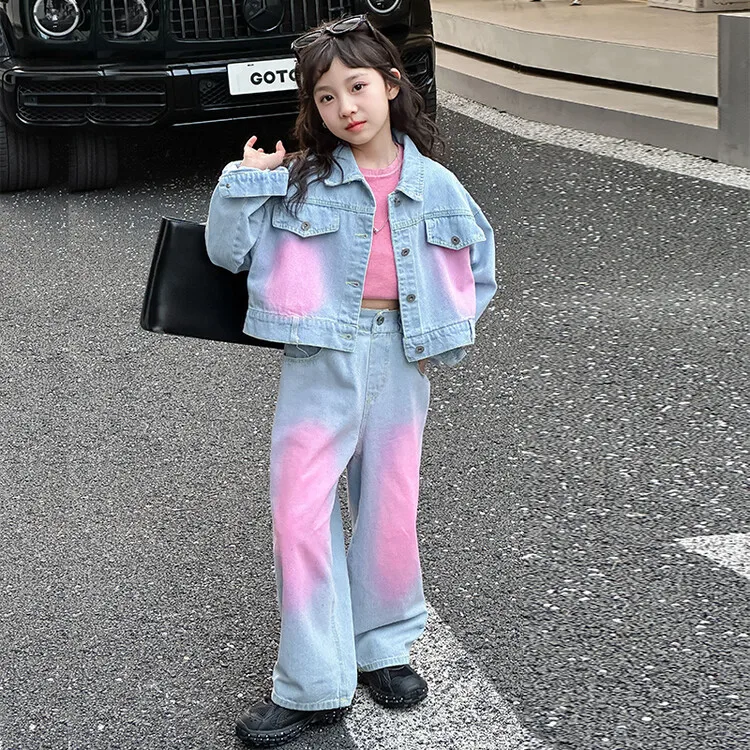 Джинсовый костюм для девочек-подростков корейский Костюм контрастной расцветки