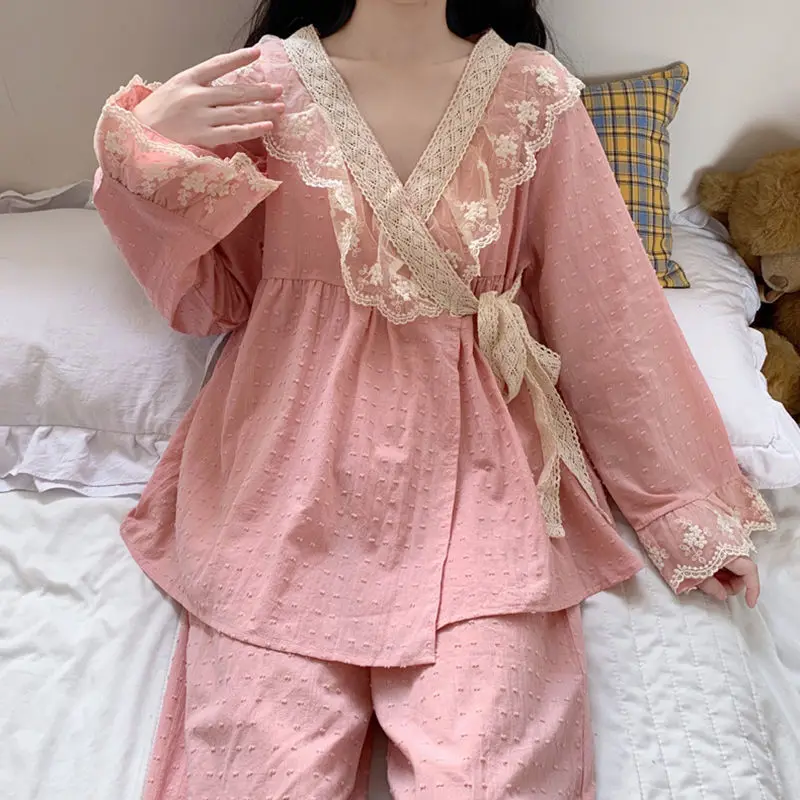 

Fairy V-neck Lace Spring Pajama Sets Women Sashes Kimono Designed Loose Elegant Tender Stylish Chic Japan Sleepwear Lounge Ins