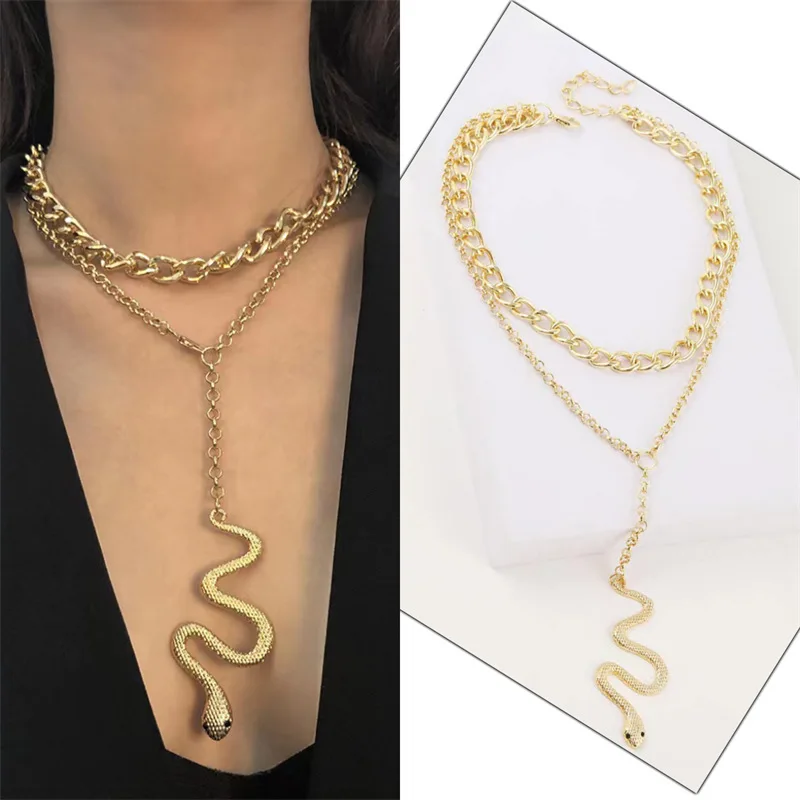 

Western Style Double-deck Snake Pendant Layered Necklace Metal Statement Gold Necklace for Women Party Punk Jewelry Wholesale