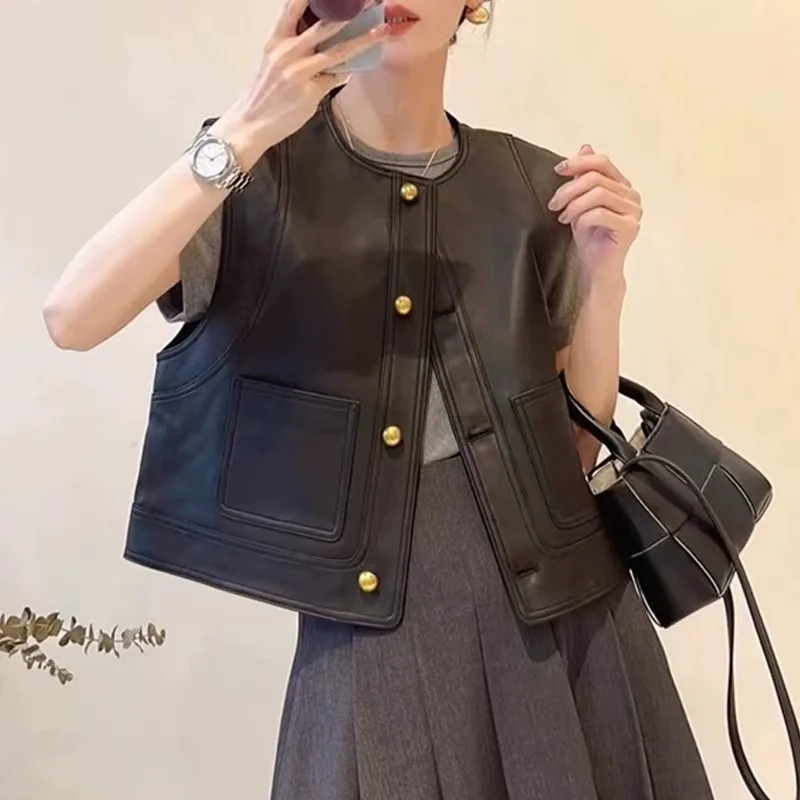 Роскошный свободный жилет из натуральной овчины с женским дизайном однобортный