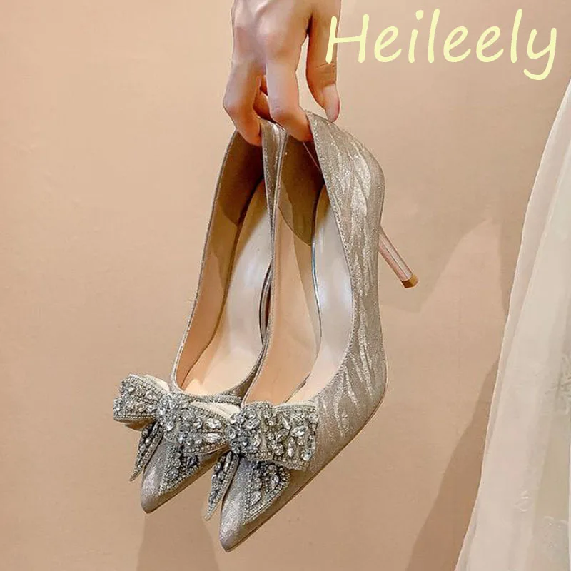 

6cm New Fashion Satin Pointed Toe with Rhinestone Bow Sexy High Heels Banquet Party Women Shoes 41 42 43