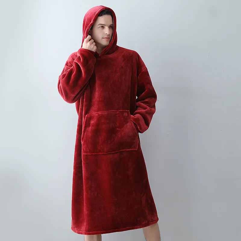 Mens Nightshirt Multi-functions Thickened Winter Warm TV Hooded Blankets Coral Fleece Robes Large Pocket Warm Men Sleepwear