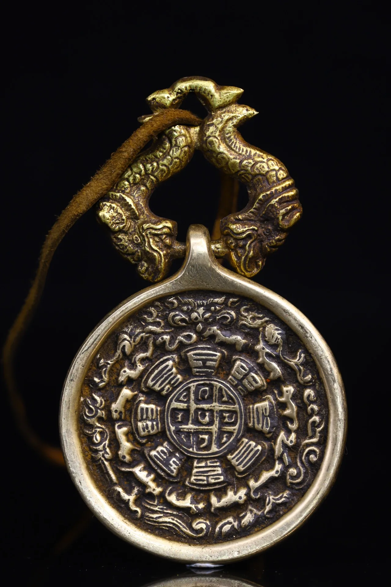 

4" Tibetan Temple Collection old bronze Gilt Pisces Jiugong gossip Amulet pendant Town house Exorcism