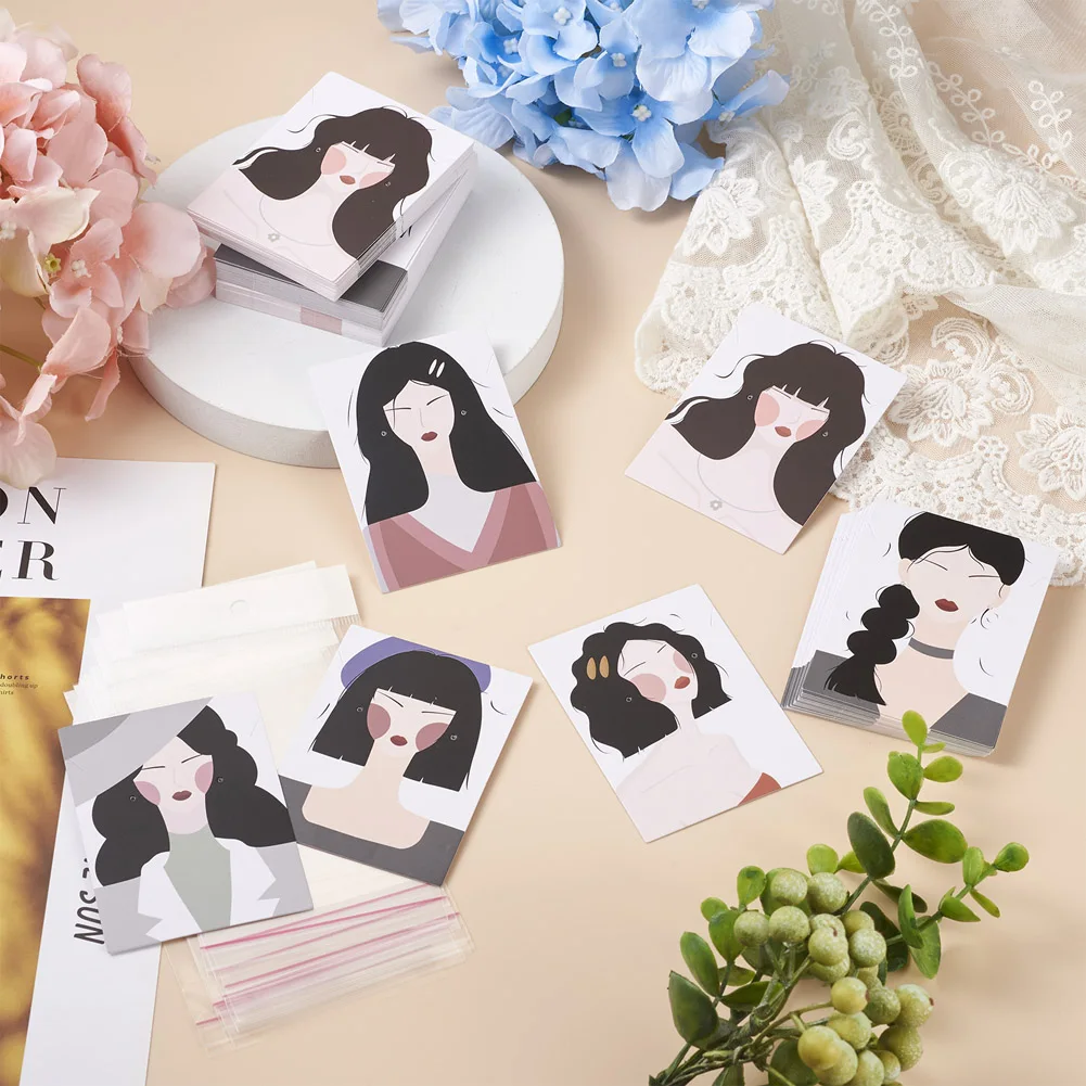 120Pcs 6 Style Rectangle Cardboard Earring Display Cards Woman Pattern For Fashion Jewlery Display Gifts Storage 8x6x0.04cm