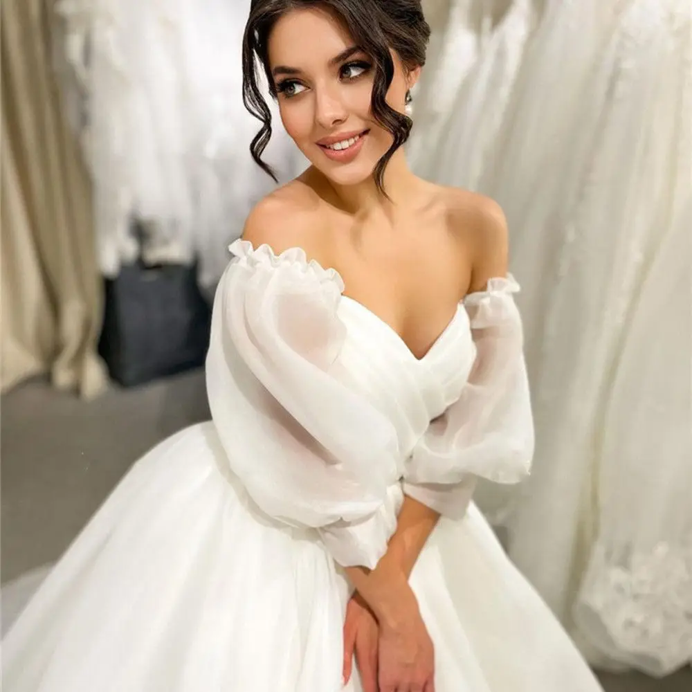 

Boho A Line Wedding Dress Off Shoulder Puff Sleeves Backless Elegant Organza Wedding Gowns Bride Dress Vestidos De Novia