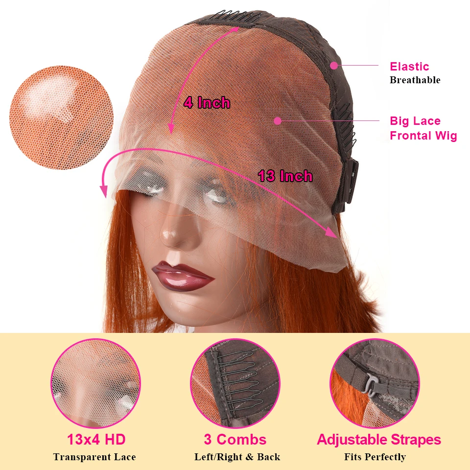 Имбирный оранжевый прямой парик Боб на сетке передние парики из человеческих