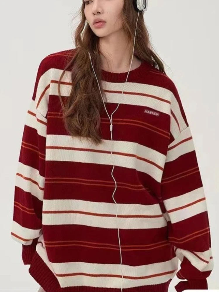 

2022 New Preppy Style Pullovers Striped Casual Loose Long Sleeve O Neck Sweaters Women Lazy Style Autumn Winter Knitted Tops