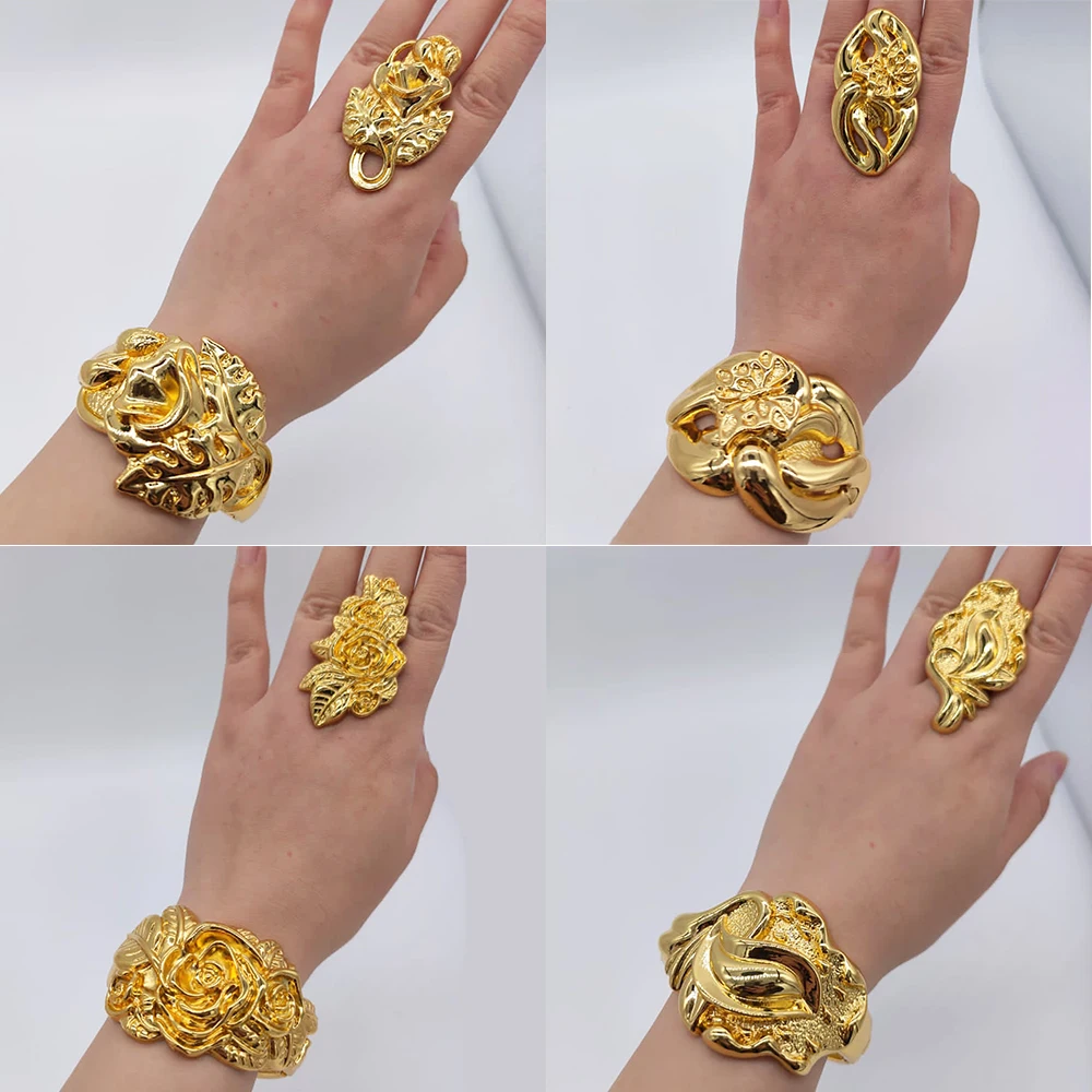 

Luxury 18K Gold Plated Bracelet Rings Copper Jewelry Set Party Women Adjustable Rings Flower Exquisite Bangle Wedding 2023 New