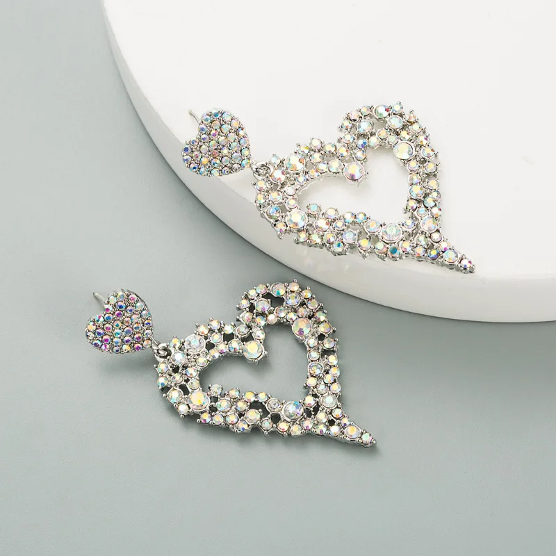 

S925 Colorful Crystal Drop Earrings Geometric Heart Shape 2023 Oversize Heart Dangle Earrings for Women Statement Jewelry Gifts