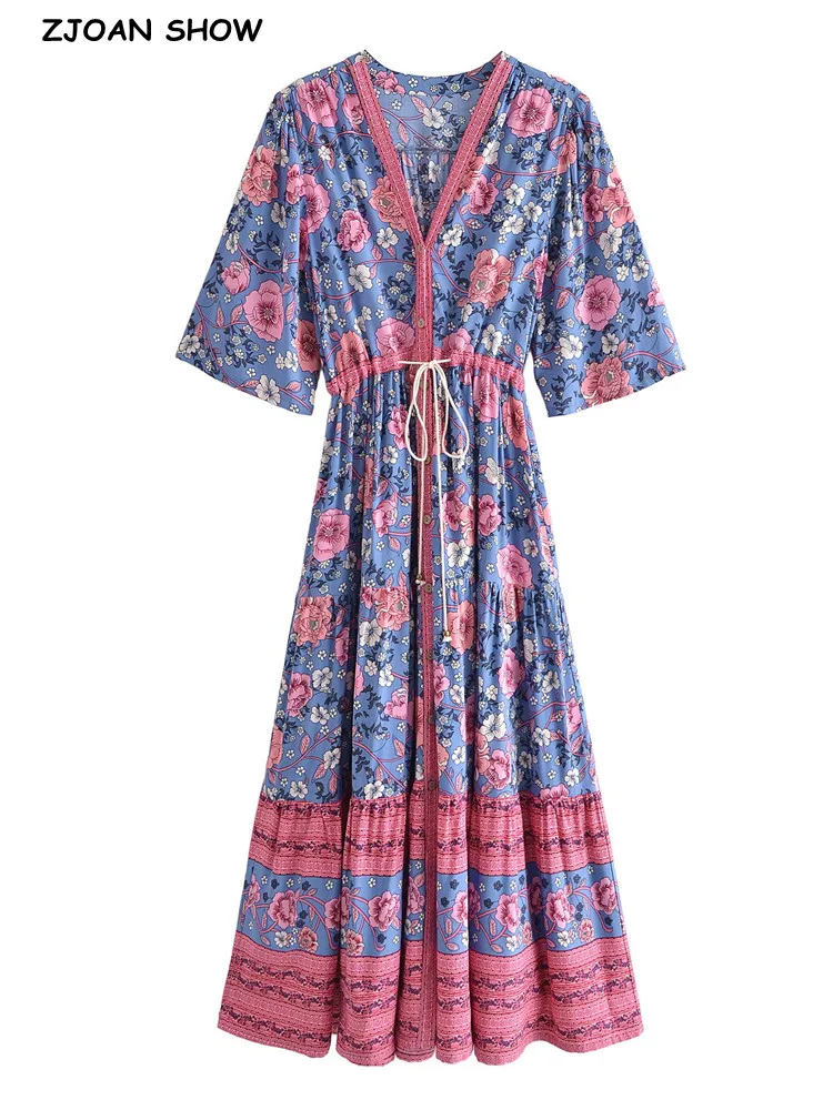 

Женское платье-рубашка в стиле бохо, праздничное пляжное платье с цветочным принтом, пуговицами, V-образным вырезом, бантом на талии и коротк...