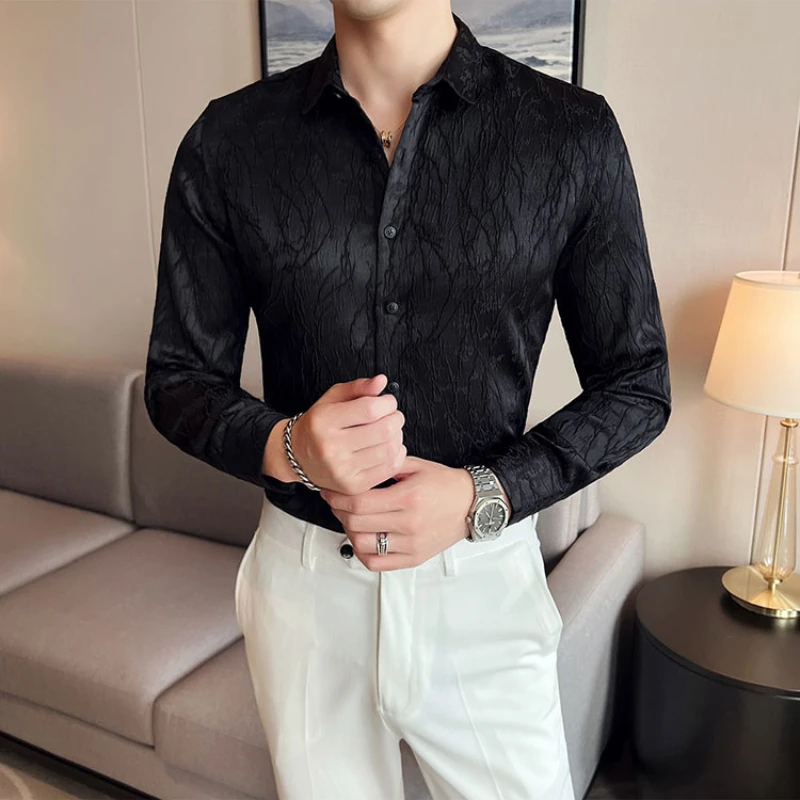 2022 Advanced Texture Shirts for Men Long Sleeve Slim Fit Casual Shirt Solid Color Business Dress Shirts Social Tuxedo Blouse