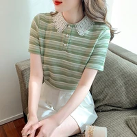 short sleeved striped t shirt womens 2022 summer new design niche loose polo collar knitted top casual cotton