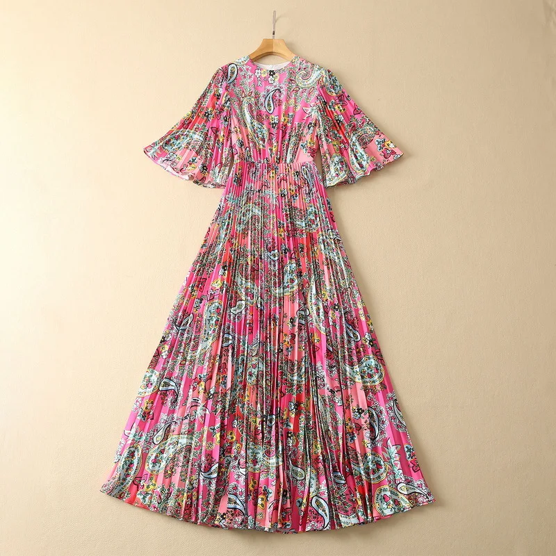European and American women's clothes 2023 spring new Horn sleeve Round neck Floral printing fashion Pleated Dress XXL