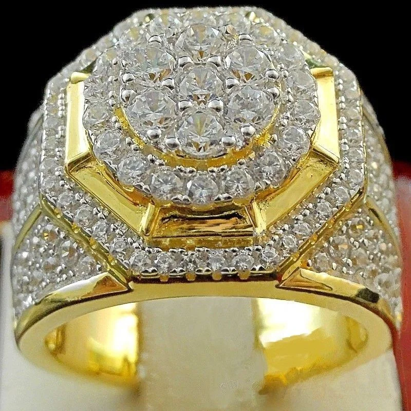 

Fashion Luxury Golden Polygon Full Crystal Business Men's Ring Party Engagement Jewelry Hand Accessories