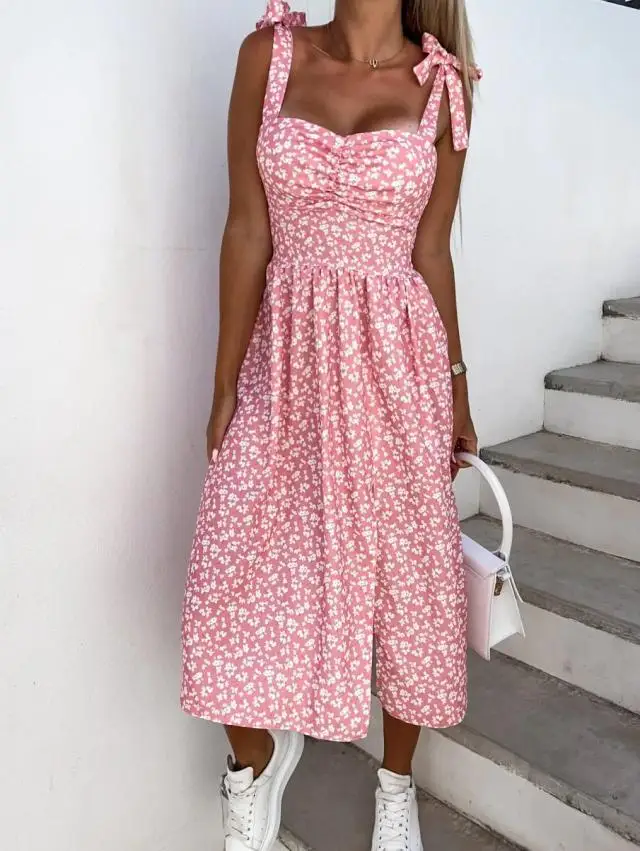 

Casual Floral Boho Elegant Sleeveless Sling Dress Women Pink Flower Print Bohemian Beach Style Summer Mini Dress 2022