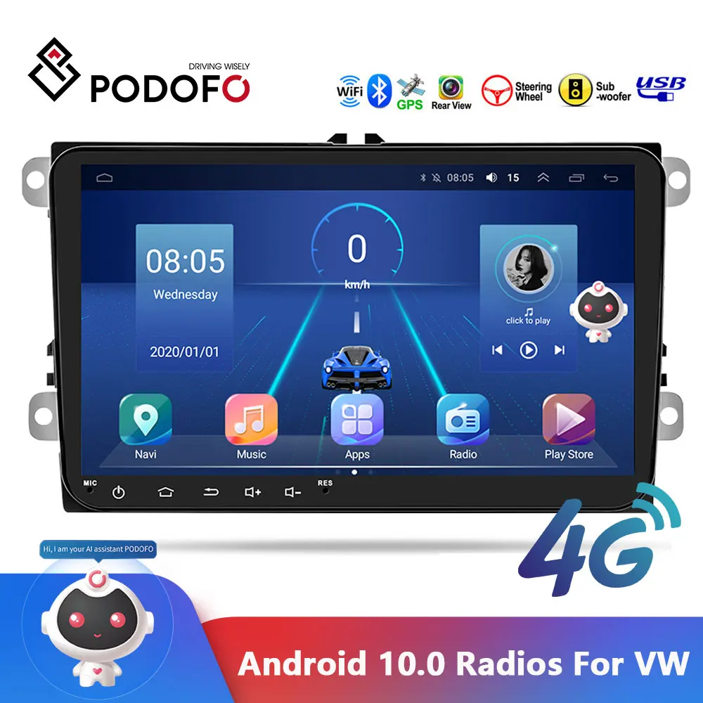 Podofo 9'' 4G Car radios Android 10.0 Mp5 Multimedia GPS Navigation Player For VW Volkswagen SKODA GOLF POLO PASSAT JETTA TIGUAN