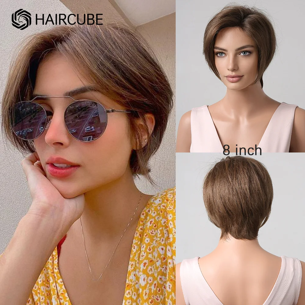 HAIRCUBE Brown Lace Front Human Hair Wig Remy Natural Brun Short Pixie Cut Wig Side Part Fulffy Straight Women's Wigs Daily Use