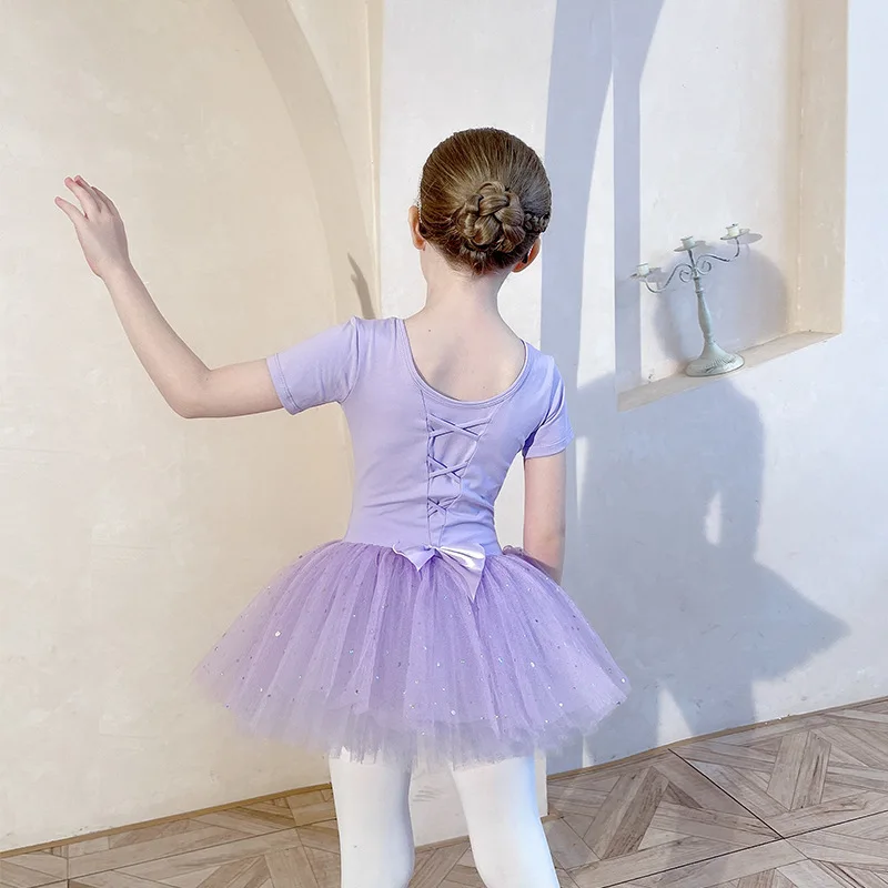 

Girl Ballet Tutu Dress Sequins Kids Gymnastics Tulle Skirted Leotards Pink Short sleeve Swan Lake Ballet Costumes With Dot Tutus