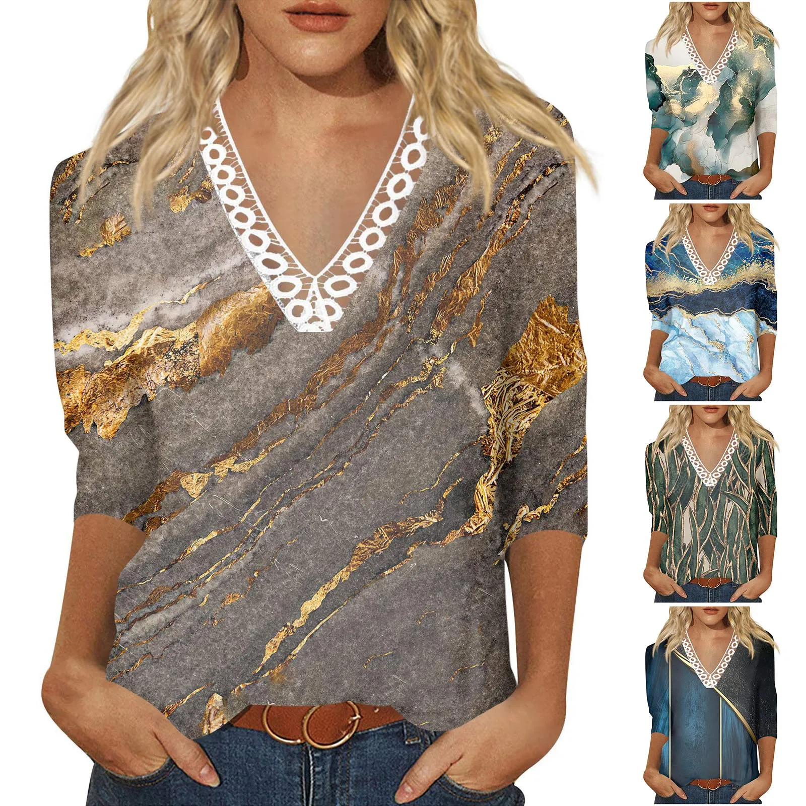 

Lace Panel Collar Tops Women's Blouses Women's Casual Daily Tops 3/4 Sleeve V Neck Fashion Printed Shirts Blusa Mujer Moda 2023
