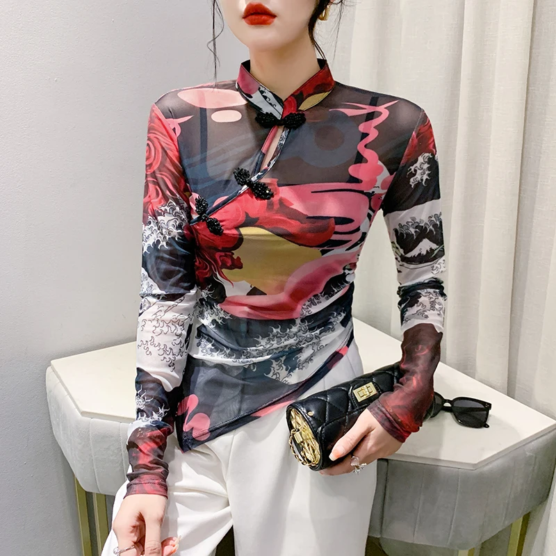 

Blusas Mujer De Moda 2023 Verano Elegantes Mesh Print Disc Buckle Binding Beads New Fashion Irregular Slim Top Women's 392C