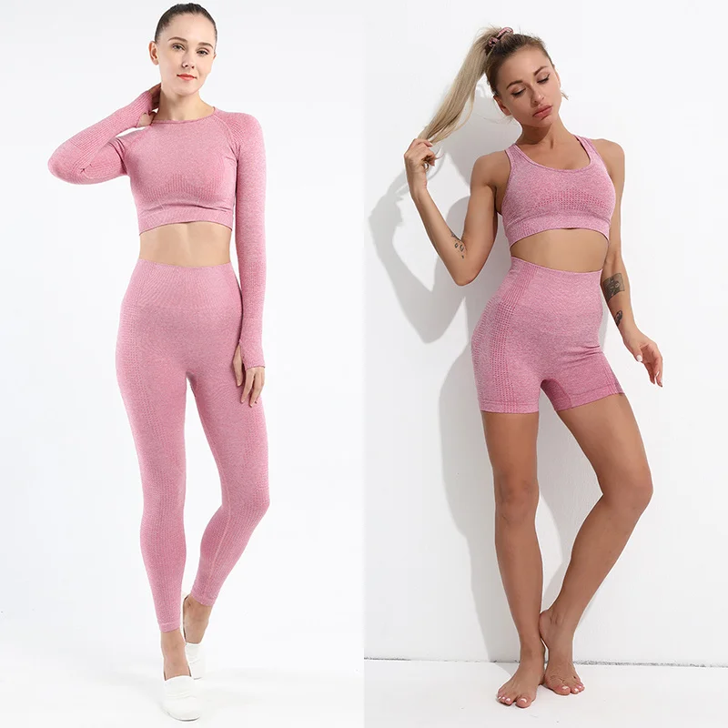 

2/3PCS Seamless Women Yoga Set Solid Activewear Workout Outfit Fitness Clothing Gym Top Bra High Waist Leggings Sports Suits