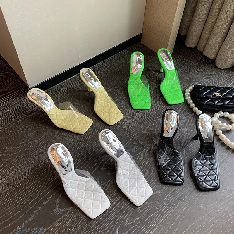 

PVC Women Sandals Slippers 2022 New Arrivals Thin High Heels Party Pumps Black White Yellow Green Casual Slip On Mules Pumps