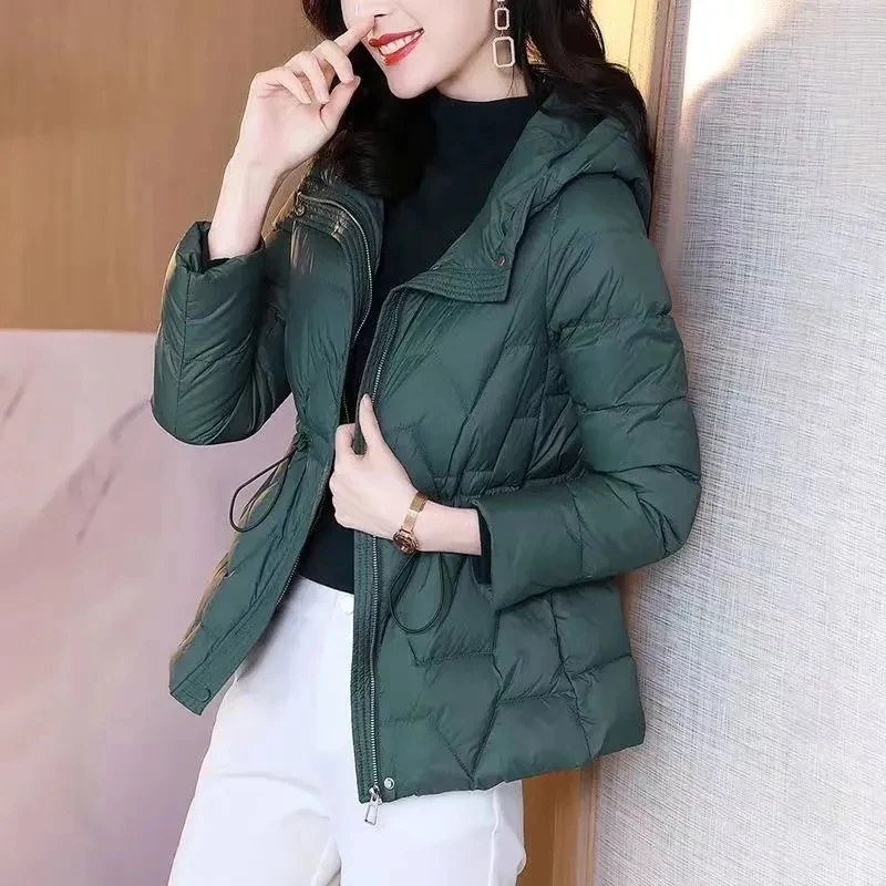 Hooded Slim Waist Thin Cotton Padded Parkas Elegant Warm Windproof  2023 Korean Long Sleeve Pockets Jacket