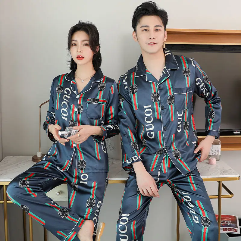 2023 Lovers pajamas Couples ice silk pajamas women in 2023, the new age season long thin silk leisurewear suit men's summer