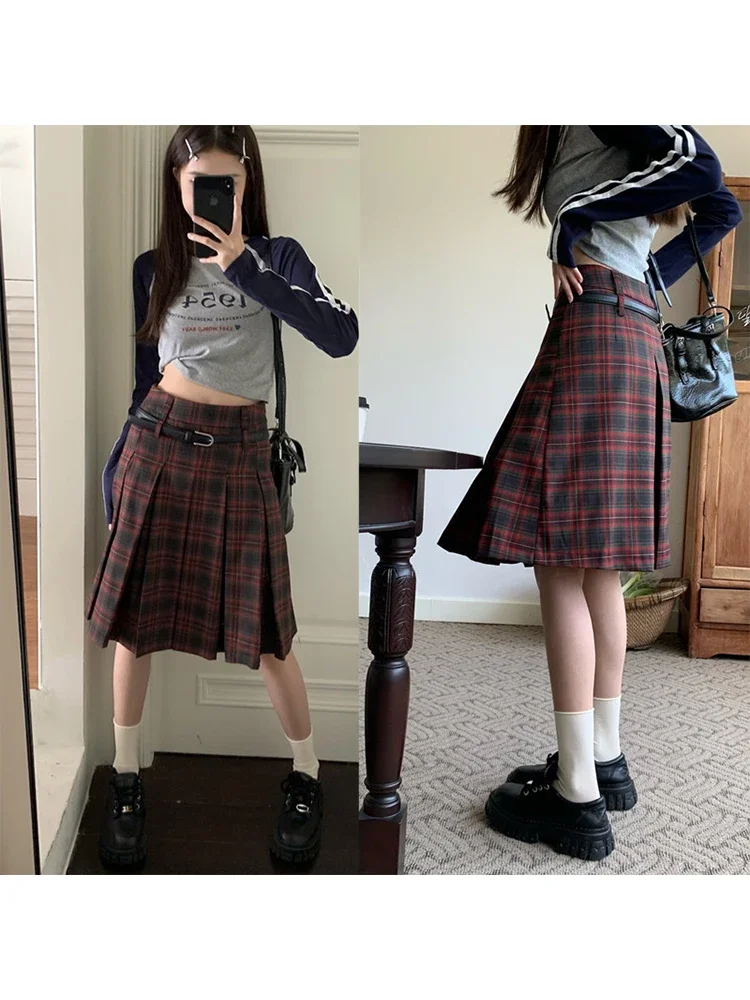 Женская красная клетчатая юбка в стиле Харадзюку винтажная плиссированная 1920-х