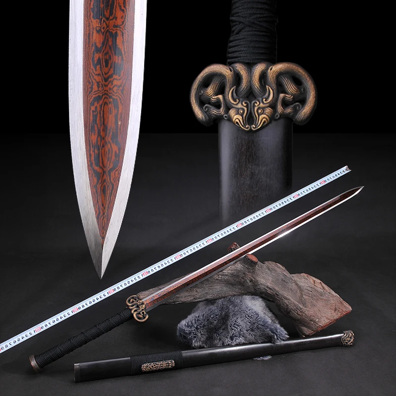 

Traditional Antique Chinese Handmade Sword Forging Folded Steel Red Color Double Edge Home Decor Kun Fu Jian Gift