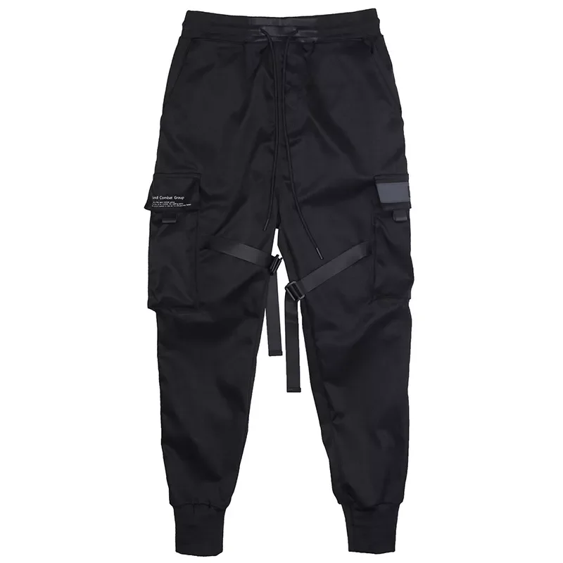 

NEW IN Hop Cargo Pants Men Black Ribbons Multi-Pocket Harajuku Sweatpant Man Streetwear Joggers Harem Pants Casual Trousers