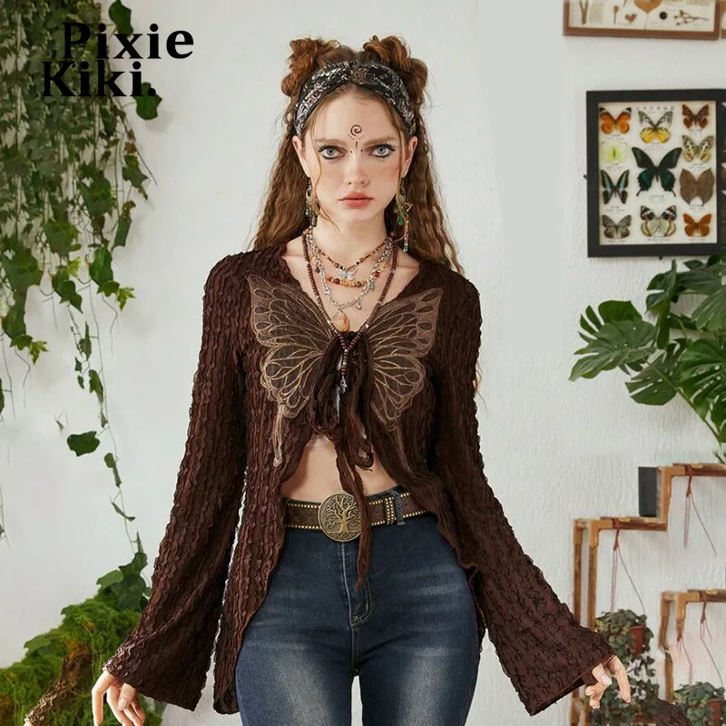 

PixieKiki Y2k волшебный гранж бабочка с завязкой Топы с длинным рукавом текстурированная сетчатая одежда в стиле бохо женские рубашки кардиган