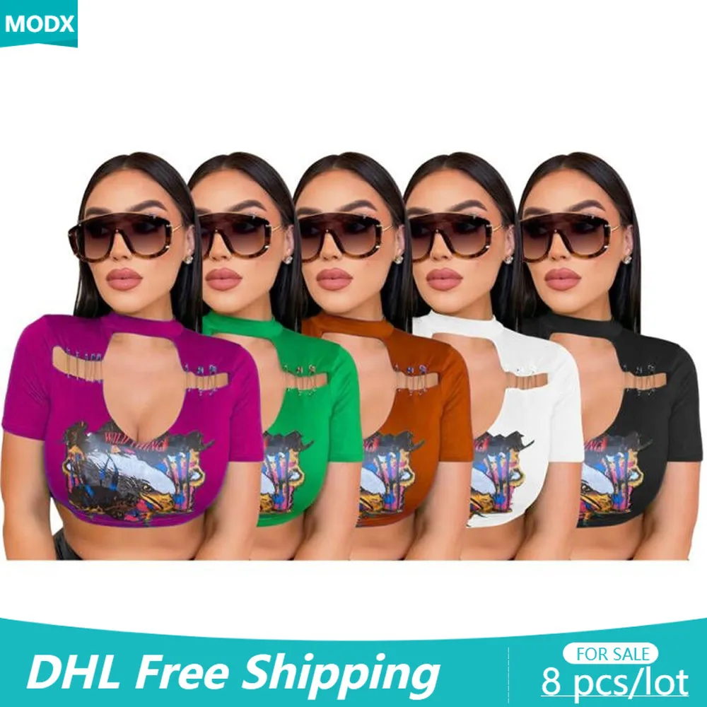 

8PCS Wholesale Women T-shirt Casual Sheath Tees Eagle Print Tank Short Sleeve Lady Crop Top 2022 Summer Streetwear Clothing 7772