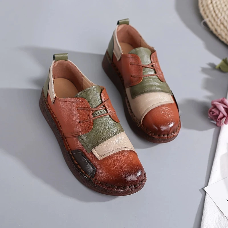 Xiuteng  New Women 2023  Mother Ladies Female Cow Genuine Leather Shoes Flats Loafers Slip On Casual National Style Plaid shoes