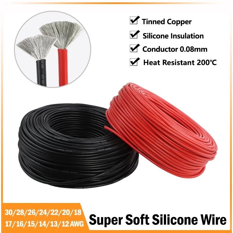 Red Black Soft Silicone Copper Wire 30/28/26/24/22/20/18/17/16/15/14/13/12AWG Heat-resistant Car Battery Electrical Power Cables