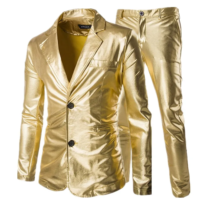 

Fashion Men's Casual Boutique Slim Hot Stamping Suit 2 Pieces Set / Men's Slim Two Button Gold Blazer Jacket Coat Trousers Pants