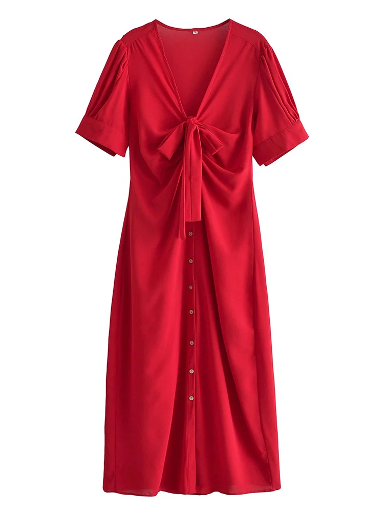 

YENKYE 2022 Fashion Women Front Button Bow V Neck Short Sleeve Red Long Dress Vintage Ladies Party Dress Summer Vestido