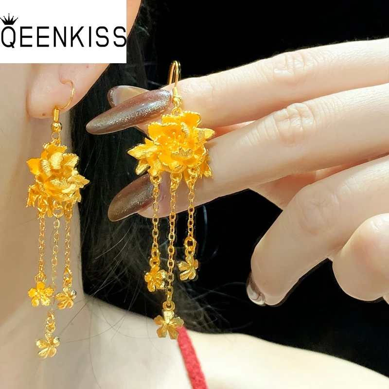 Фото Серьги-подвески QEENKISS из 24-каратного золота с винтажным цветком пиона и кисточками для женщин, на свадьбу, день рождения, Рождество, подарок для невесты, мамы EG5539 №1