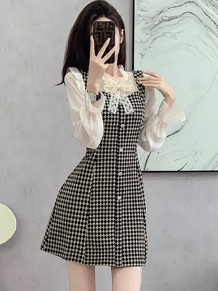 Женское клетчатое Сетчатое платье в стиле пэчворк с бисером и бантом на