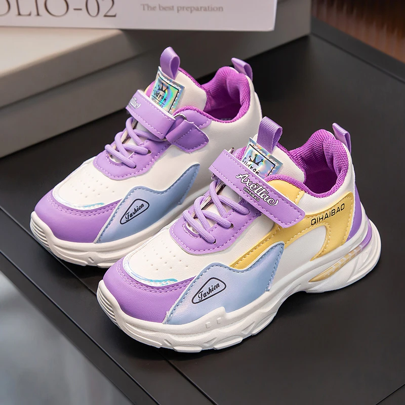 

Toddler Girls Leather Chunky Sneakers Purple Non-slip Sport Shoes Kids TPR Bottom Tennis 6-16Y Running Shoes Spring & Autumn