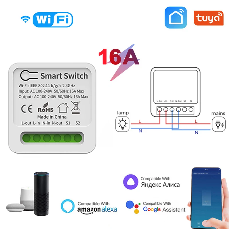 

16A Tuya Mini Wifi Switch DIY 2way Smart Home Remote Control Timer Automation Breaker Support Alexa Google Home Alice Smart Life