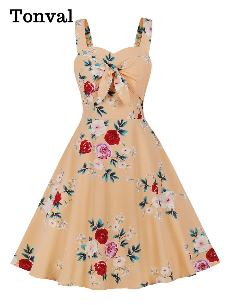 

Женское винтажное платье-чехол Tonval, летнее пляжное платье без рукавов в цветочек с вырезом сердечком и узлом спереди, 2022