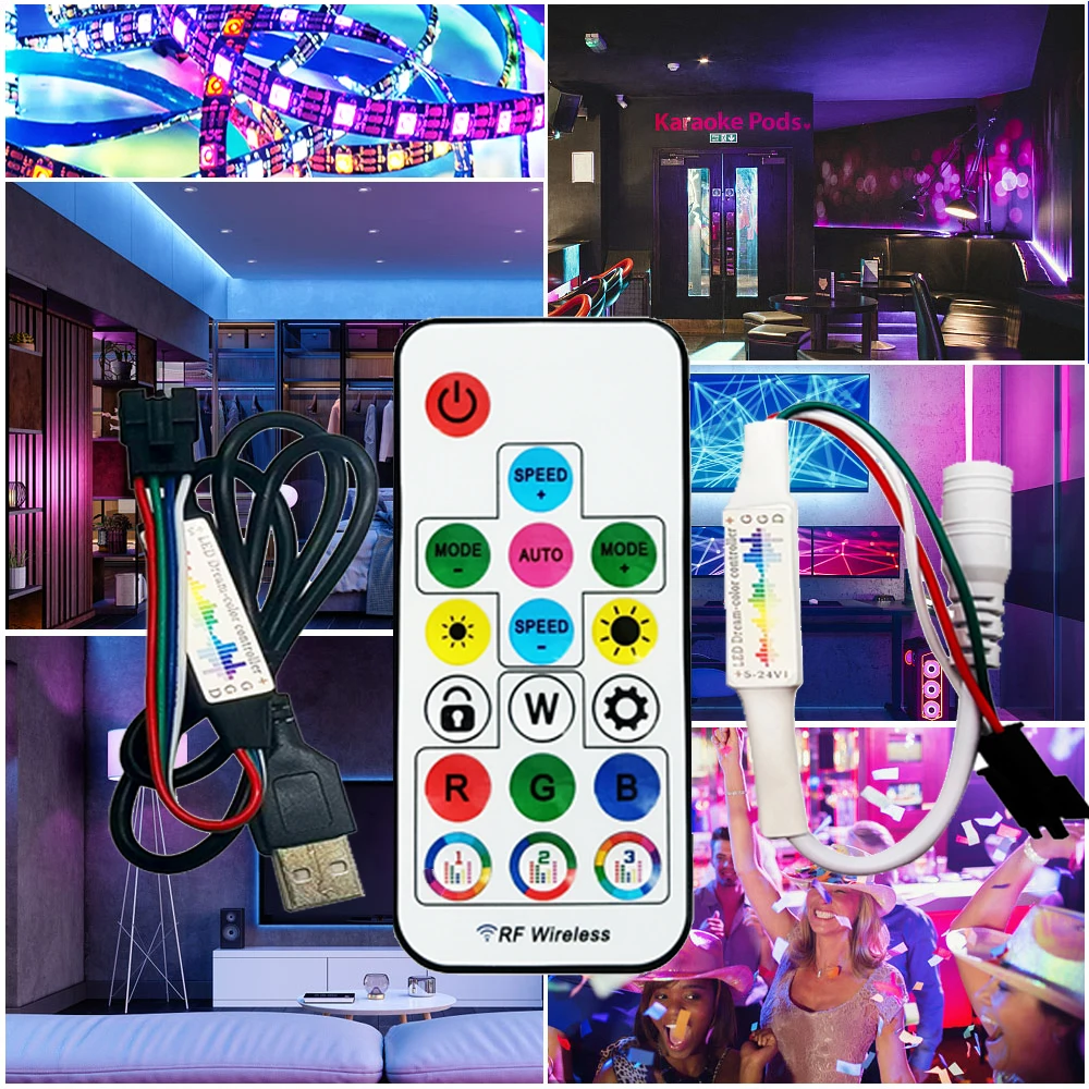 

DC5-24V USB DC 17Key Music Led Controller 3Pin 4Pin Mini RF Remote For WS2812 WS2811 WS2815 Individually Addressable Strip Light