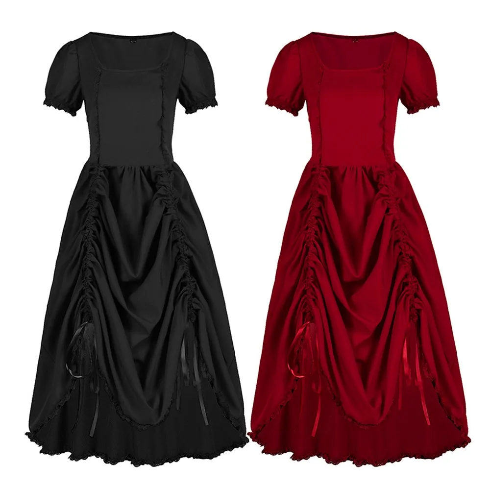 

Women Renaissance Vintage Dress Short Sleeve Drawstring Waist Dress Steampunk Cosplay Princess Party Ball Gown