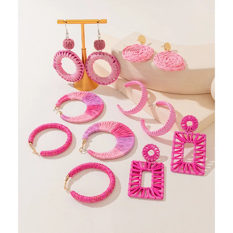 

Pink Dangle Raffia Earrings Cute Jewelry, Boho Handmade Unique Summer Tropical Straw Summer Bohemian Beach Accessories