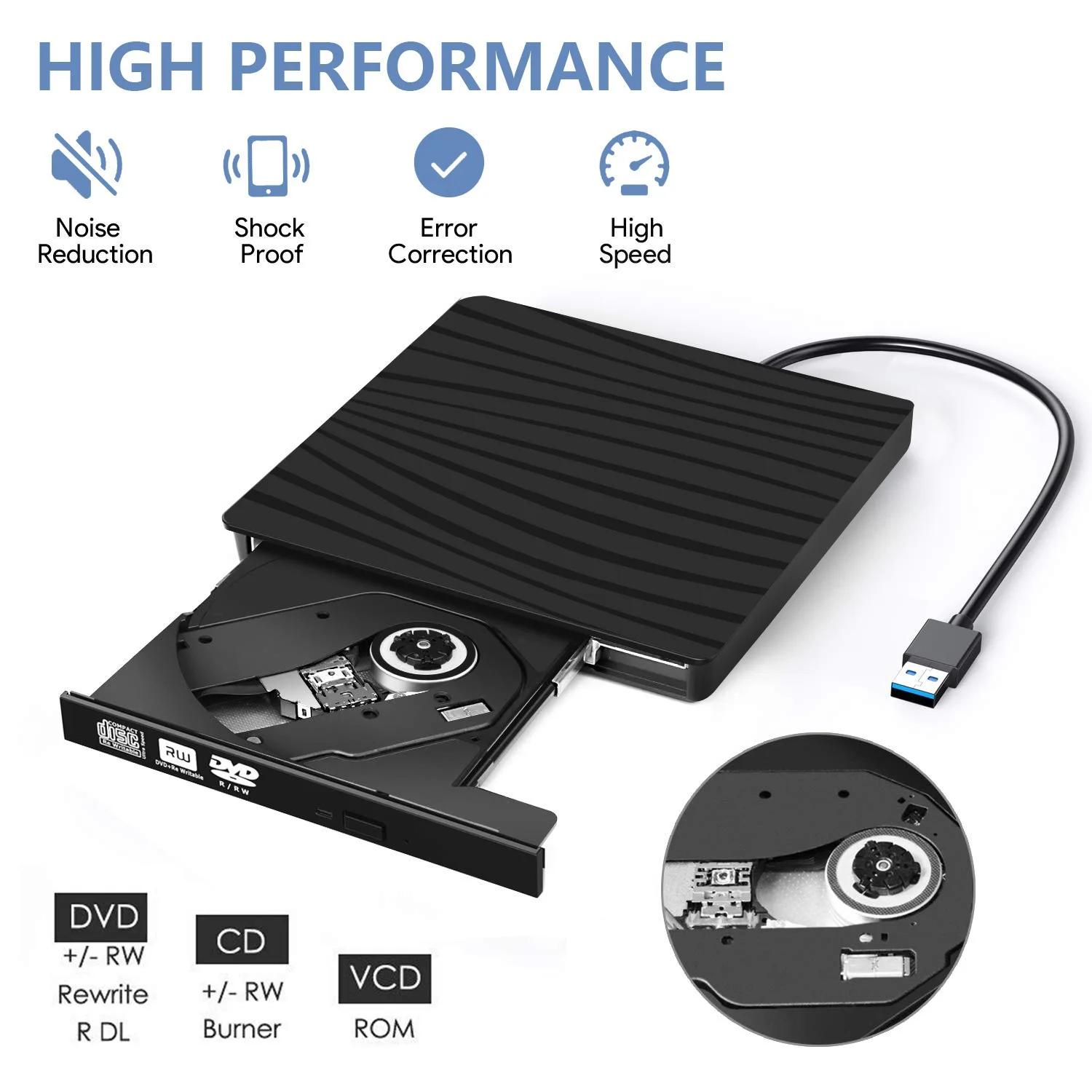 

USB3.0+Type-C Dual-port Portable External Optical Drive CD/DVD Player Ultra-thin External DVD-ROM Drive for Windows/Mac OS