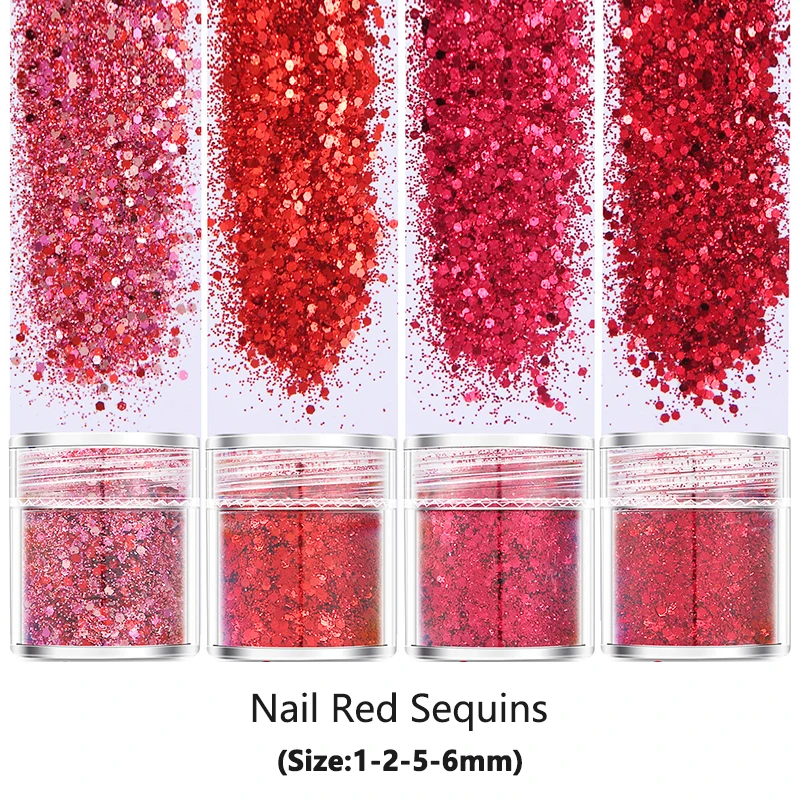 ULOVKAYA 4Pcs Red Nail Glitter Sequins For Nail Art DIY Design Mixed Size Hexagon Flake Powder UV Nail Gel Varnish Decoration