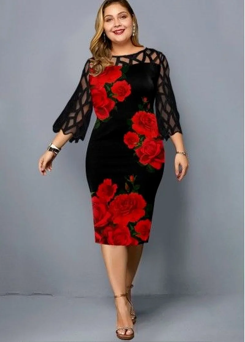 Plus Size Mesh Dress Long Sleeve with Lace Rose Hollow Out Casual Mesh Round Neck Oversized Summer Elegant Dress for Women